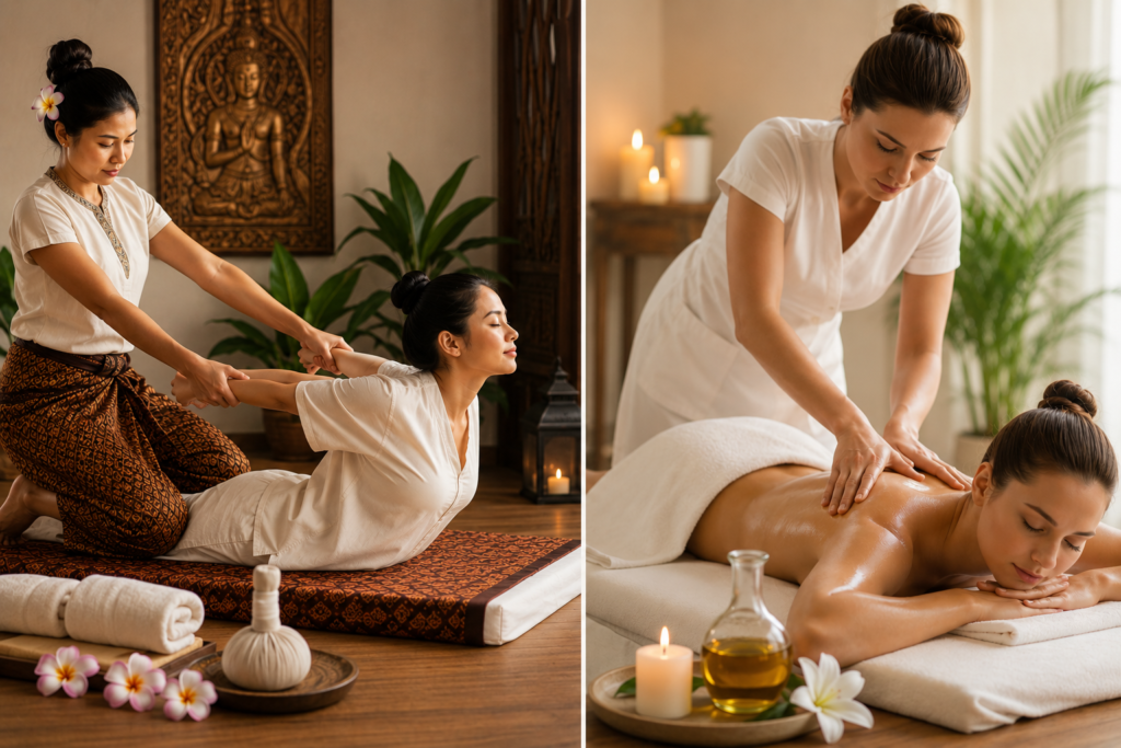 Side-by-side comparison of Traditional Thai massage and Swedish massage techniques
