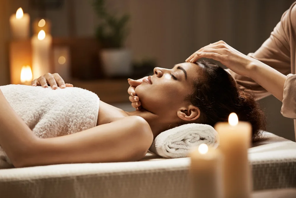 Relaxing spa massage room setup for aromatherapy and hot oil treatments