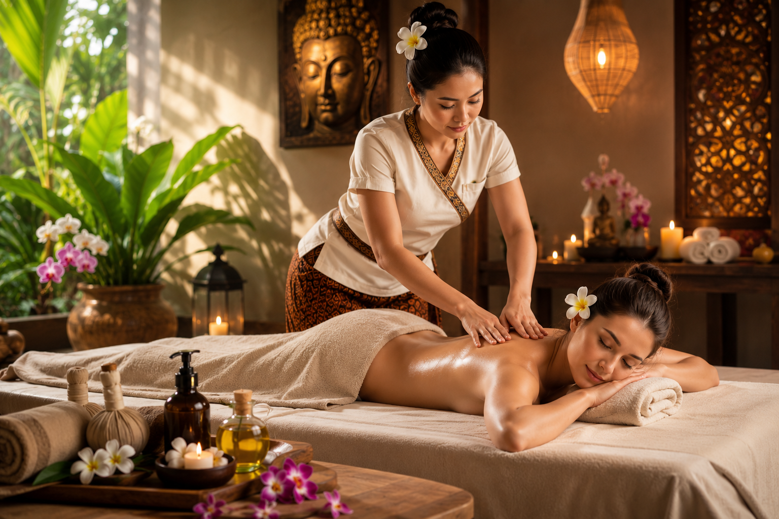 Luxury Thai massage treatment in a peaceful spa with a professional therapist providing a relaxing full body massage surrounded by candles, tropical plants, and natural wooden decor.