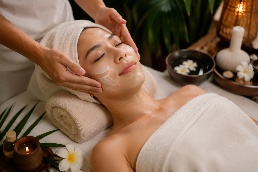 Luxury facial treatment at Salima Massage in Phuket featuring a relaxing spa session with a therapist applying a nourishing facial mask in a serene tropical setting.